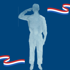 Omtrek van saluerend persoon met wimpels onder en boven in de kleuren van de Nederlandse vlag.