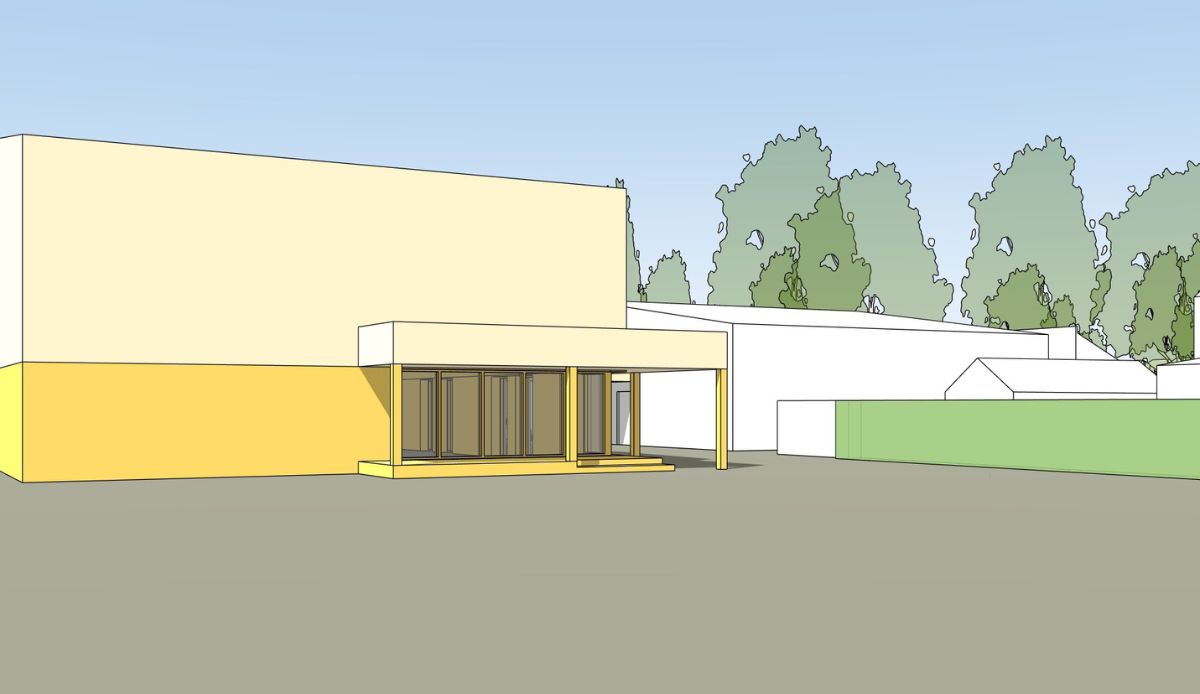 Beeld 1 ontwerp sportzaal Neerkant, zicht vanaf speelterrein (aankomst doorgang Museum)