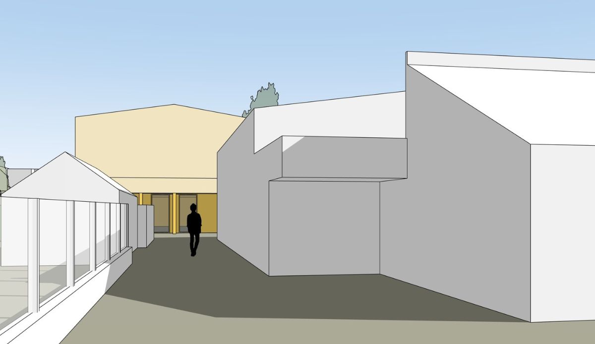 Beeld 2 ontwerp sportzaal Neerkant, zicht vanuit Moostenstraat (aankomst doorgang links)