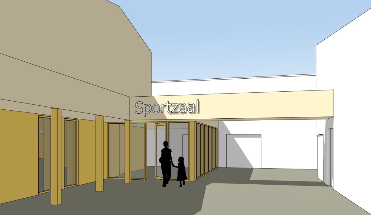 Beeld 3 ontwerp sportzaal Neerkant, zicht op entree / luifel / patio