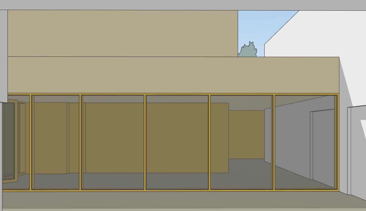 Beeld 3 ontwerp sportzaal Neerkant, zicht vanuit peuterspeelzaal