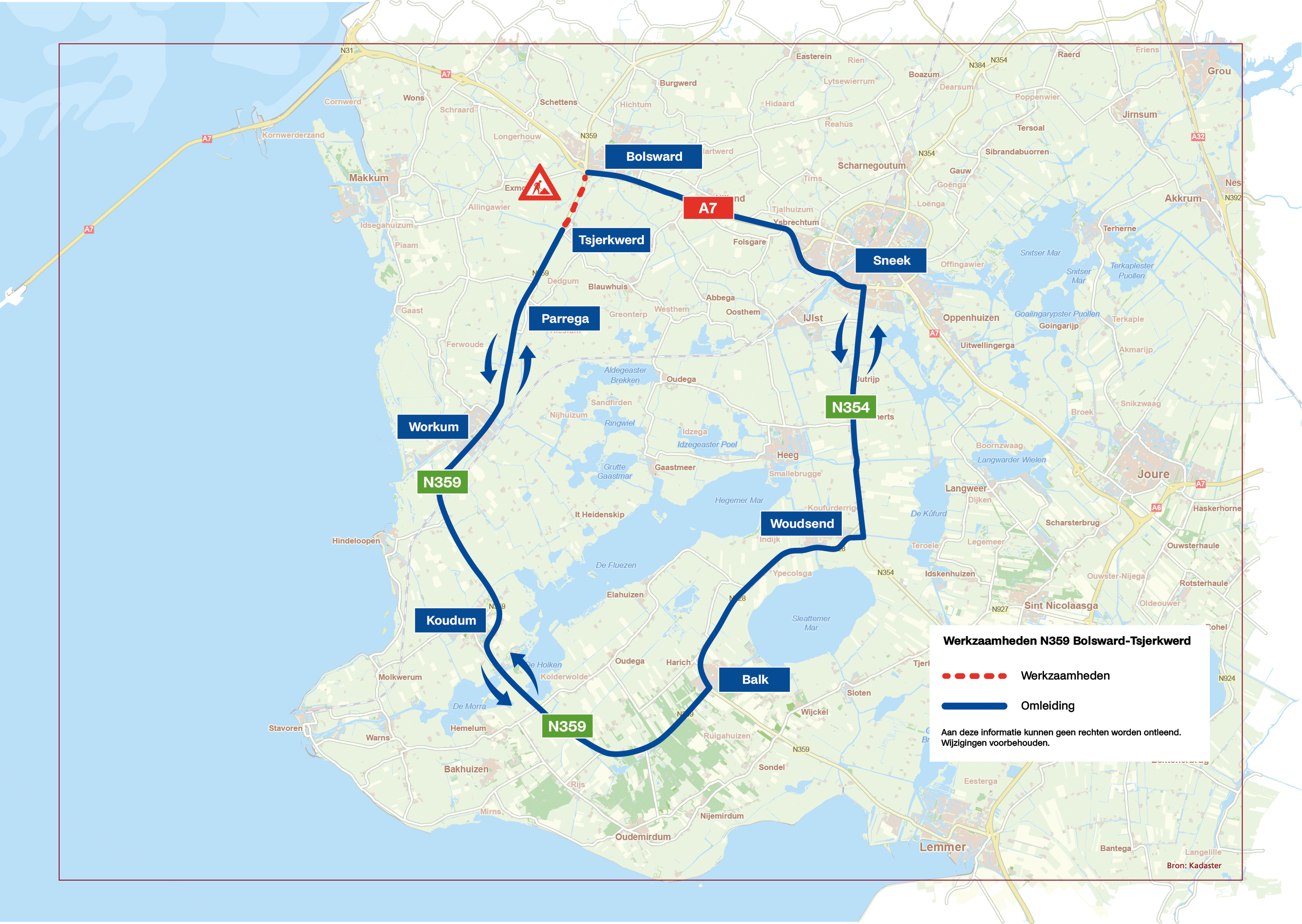 Bovenaanzicht van de werkzaamheden. De doorlopende lijn geeft de omleiding aan. De stippellijn geeft de plaats van de werkzaamheden aan.