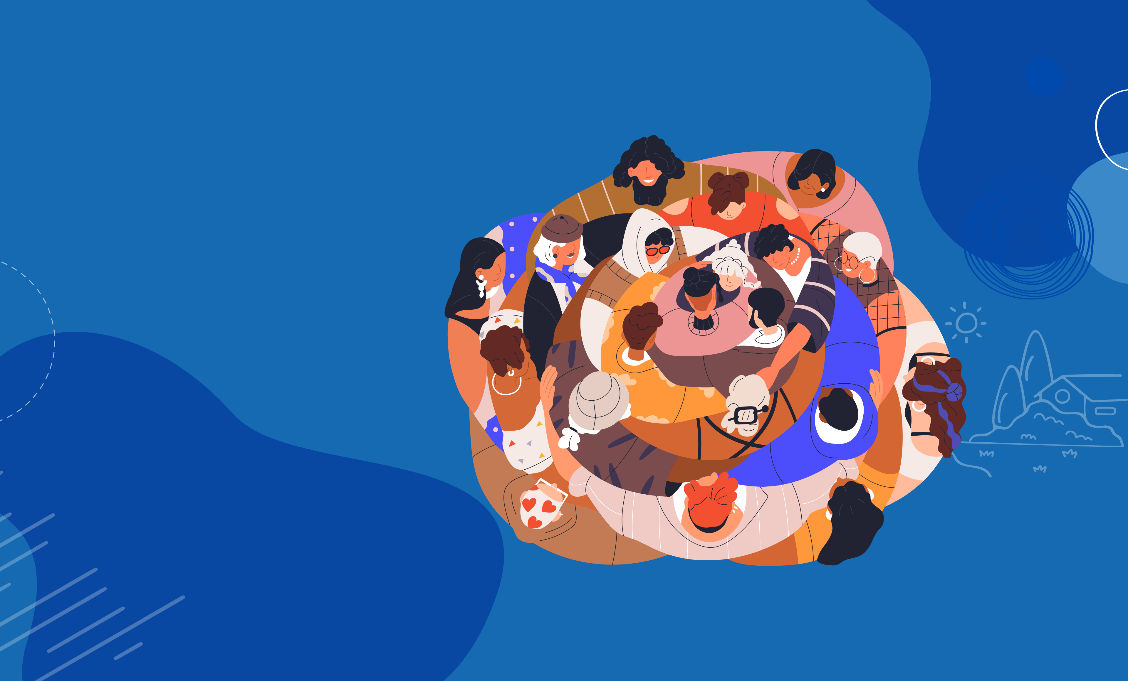 Op deze tekening staan allemaal mensen in een kringetje met daar weer mensen omheen in een kring en daar weer een kring met mensen omheen enz. Totaal vijf kringen .