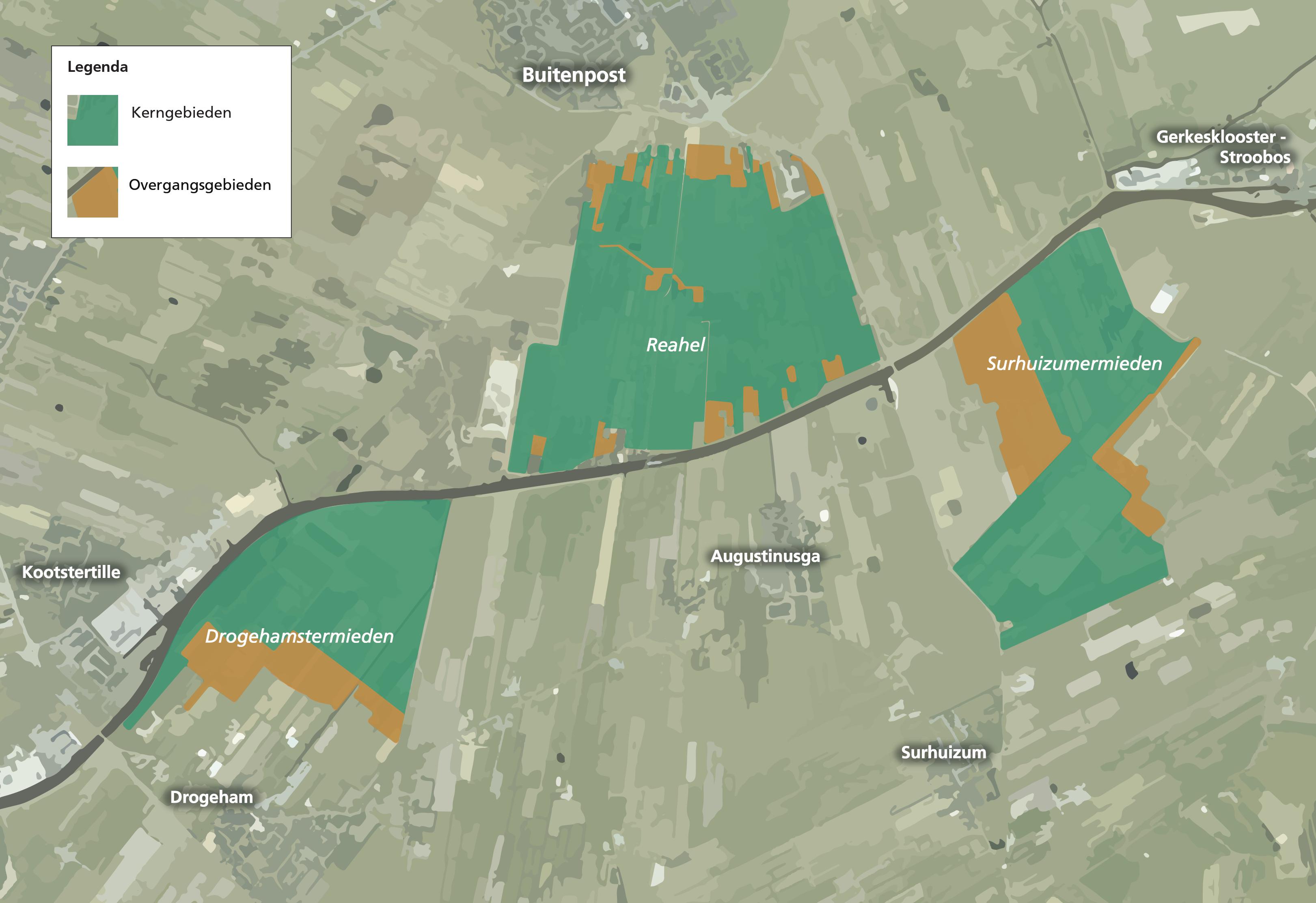 Een kaartje van de gebiedsontwikkeling Achterkarspelen-Zuid met de deelgebieden Drogehamstermieden, Rohel en Surhuizumermieden. Binnen ieder deelgebied is met groen aangeven wat kerngebied is en met bruin welke stroken overgangsgebieden zijn. 