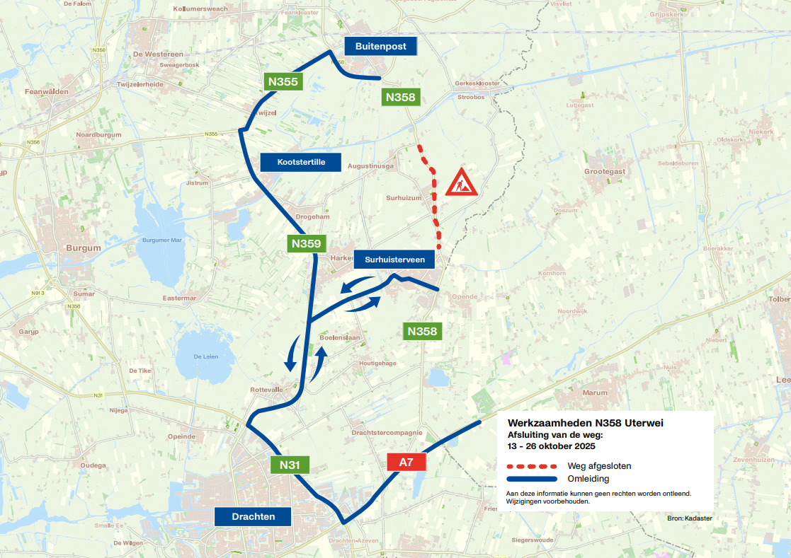 Een bovenaanzicht van de omleiding in doorgetrokken streep en de stippellijn geeft de stremming aan.