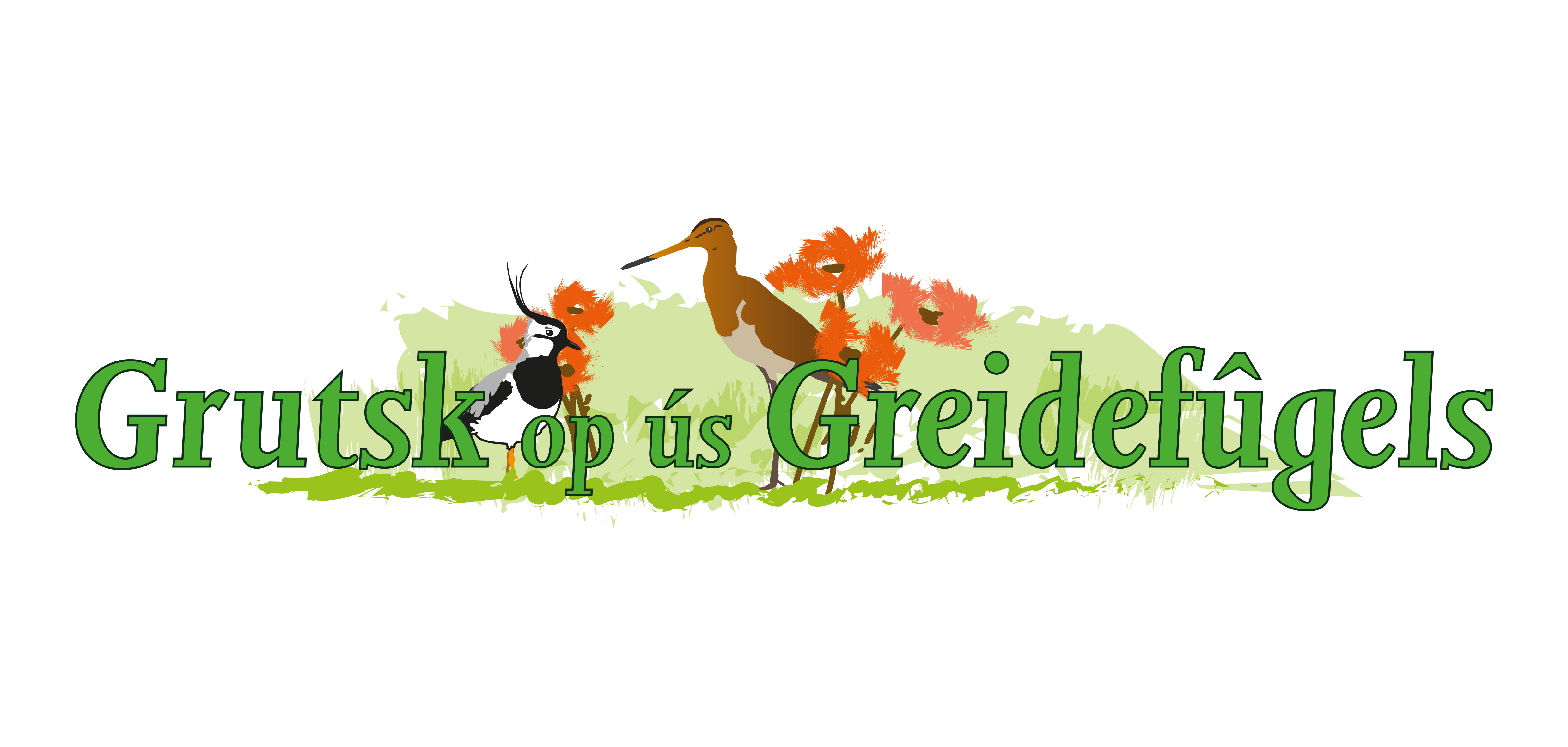 Een tekening van 2 weidevogels met rode bloemen er bij en de tekst in het groen die zegt: Grutsk op ús weidefûgels