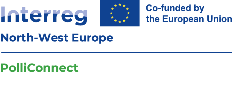 Logo waar met blauwe letters Interreg, North-West Europe op staat. In groene letters PolliConnect.