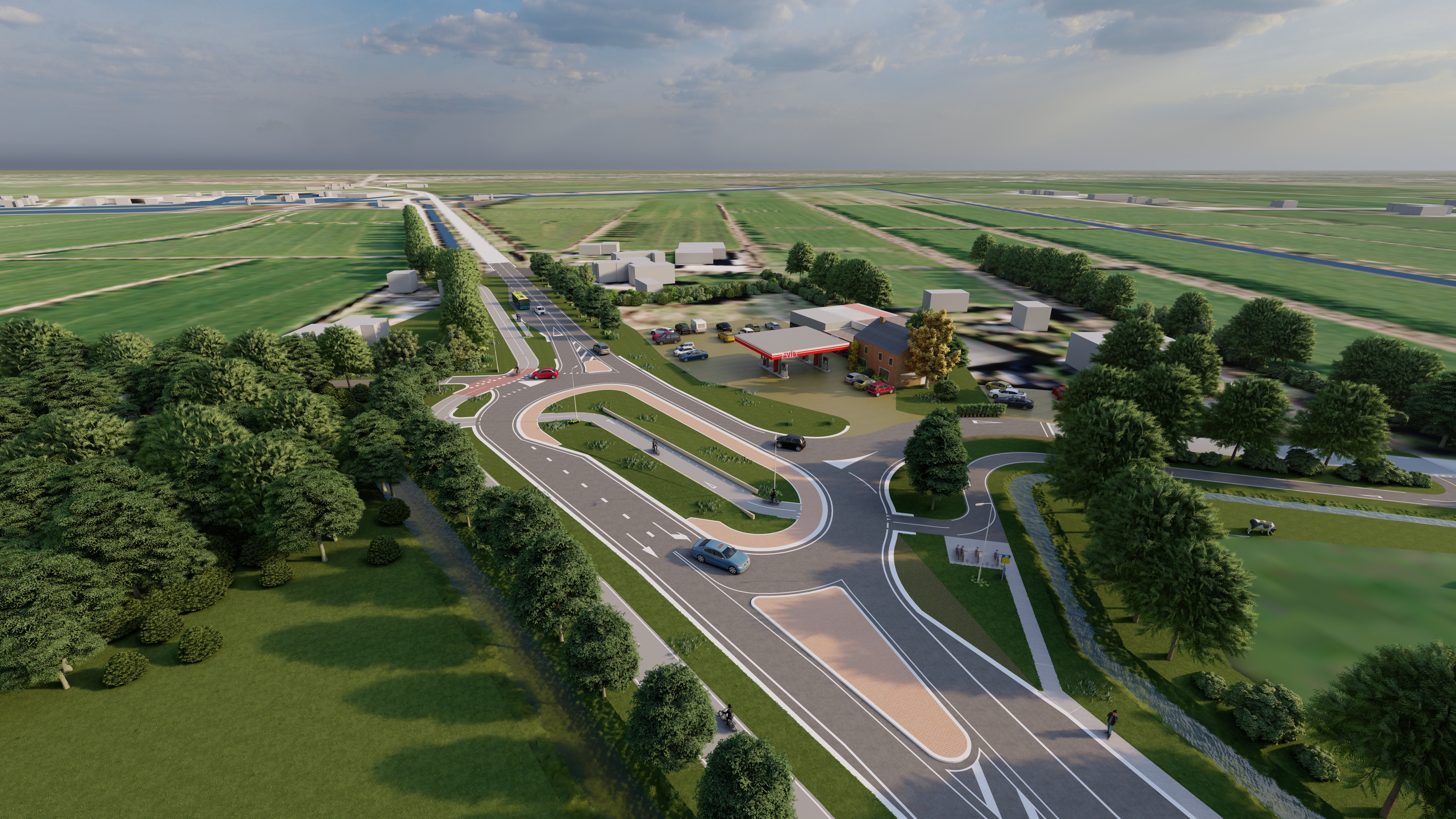 Een luchtfoto van de aangelegde weg.