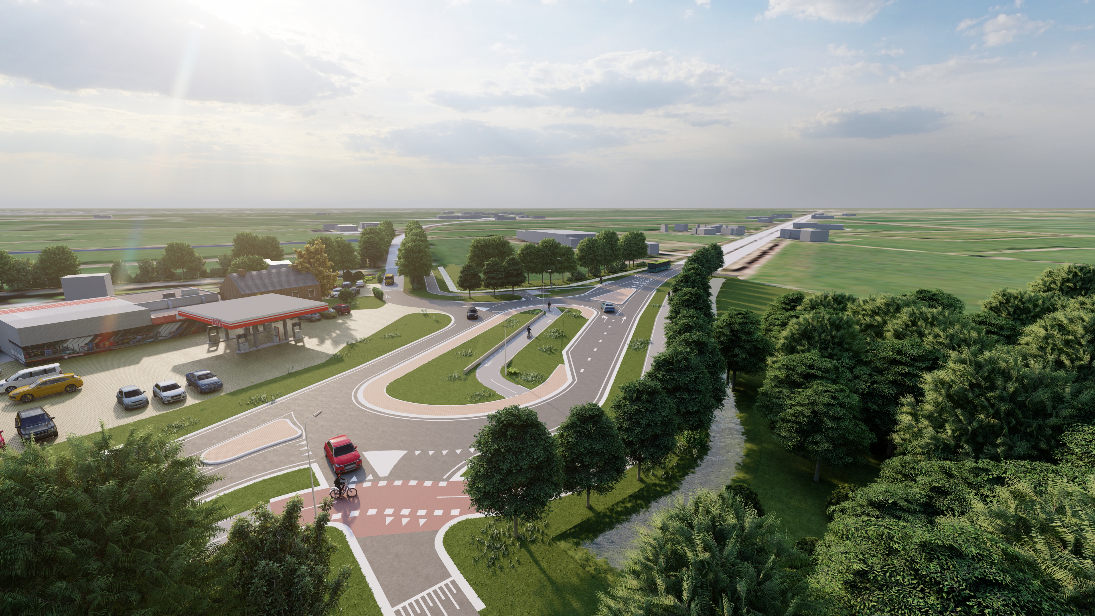 Een luchtfoto van de aangelegde weg.