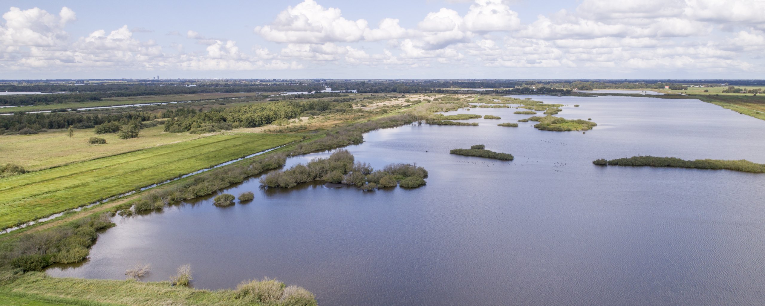 Gebied de Alde Feanen. Een waterplas met daar omheen gras en een blauwe hemel met wat wolken.