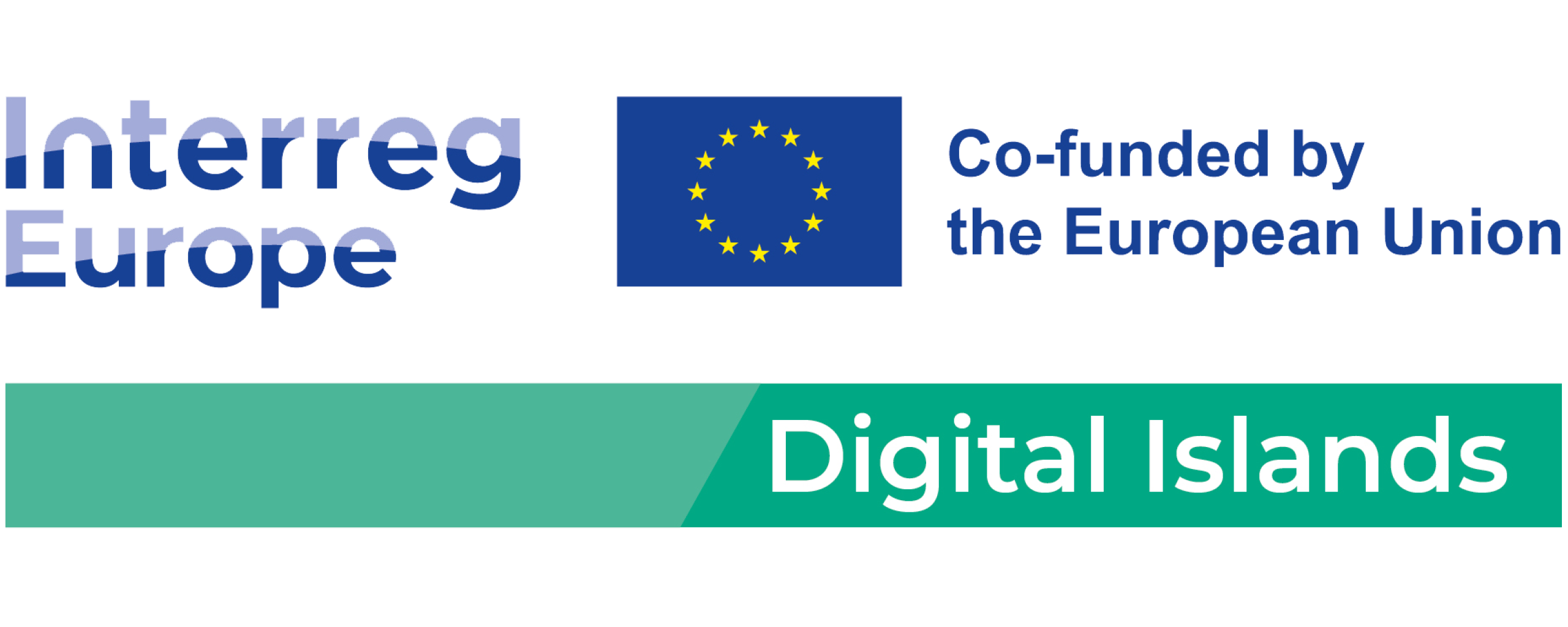 Logo waar in blauwe letters Interreg Europe op staat. Daarnaast de Europese vlag, blauw met gele sterren in een rondje. Daaronder in een groene balk staat Digital Islands