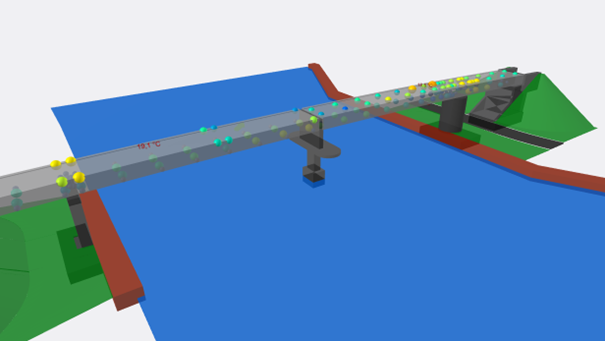 Een animatietekening van de biobasedbrug Ritsumasyl waar stipjes op aangegeven staan van het verkeer.