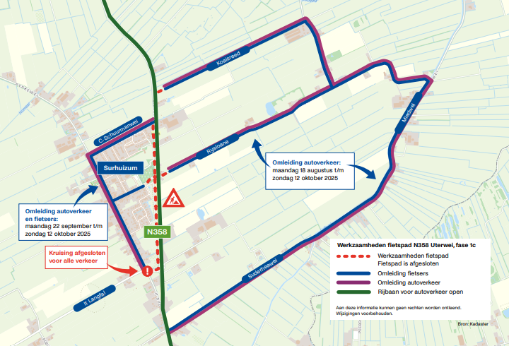 Een kaart waar de werkzaamheden op aangegeven wordt en de omleidingen.