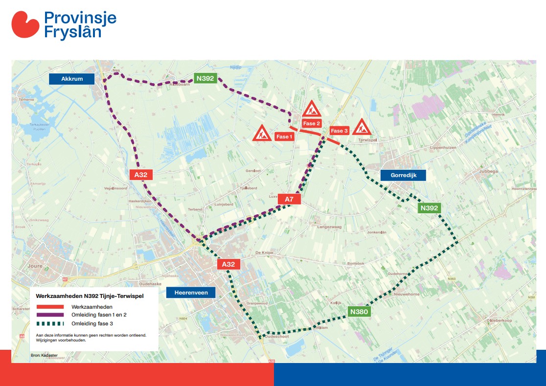 Een overzichtskaartje waar de omleiding op aangegeven wordt. De lange stippellijn geeft fase 1 en 2 aan. De korte stippellijn geeft fase 3 aan. De doorgetrokken lijn de stremming.