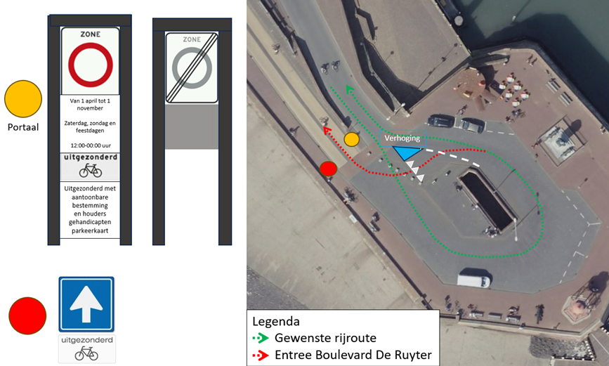 Afbeelding met verkeersborden en rijroutes Boulevard De Ruyter per 2026