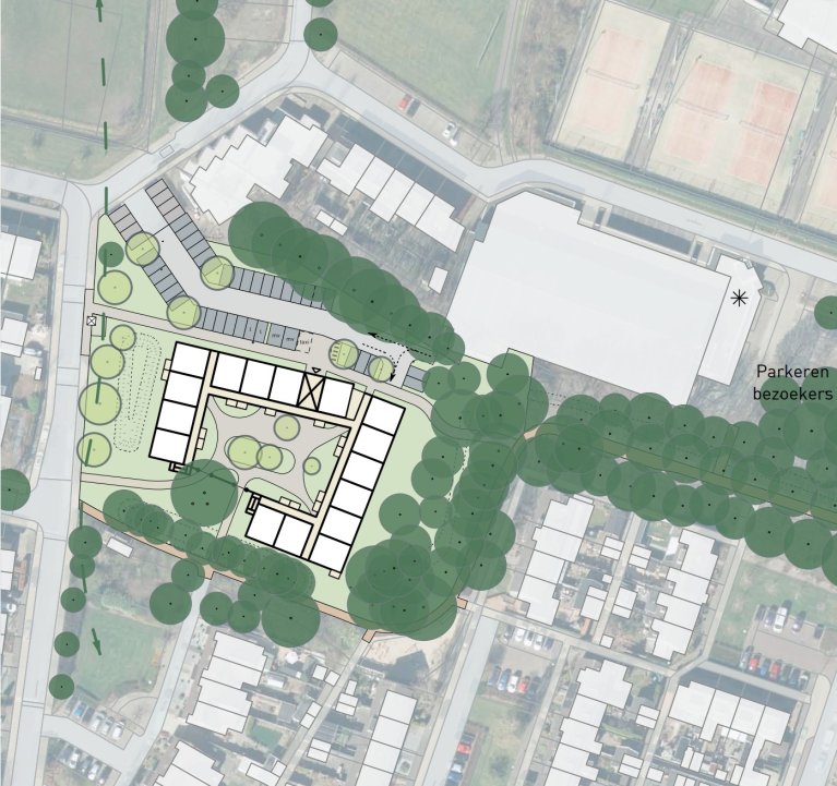 plattegrond met een schets waar het gebouw geplaatst is met de locatie van de bomen