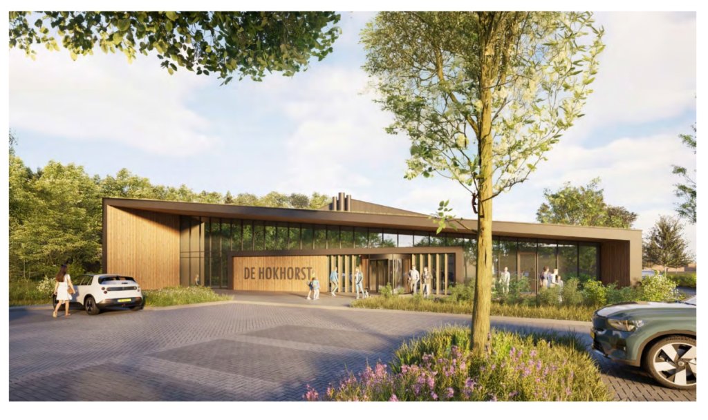 Impressie uit het voorlopig ontwerp van IRP Bouwadvies: Zicht op De Hokhorst vanaf het parkeerterrein.