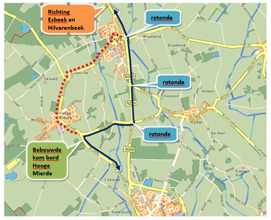 Afbeelding van de plattegrond van de alternatieve busroute in Hoge Mierde tijdens carnaval 2026