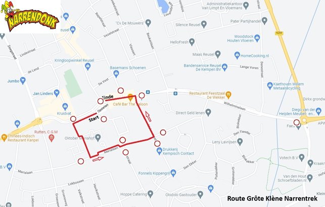 afbeelding van de optochtroute van de grote klene narrentrek in Reusel