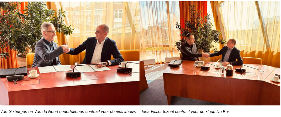 Afbeelding: Van Gisbergen en Van de Noort ondertekenen contract voor de nieuwbouw. Joris Visser tekent contract voor de sloop De Kei.