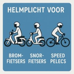 Afbeelding van bromfiets, snorfiets, speed pedelec met tekst: "Helmplicht voor bromfietsers, snorfietsers, speed pedelecs.