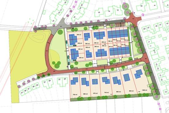 Een tekening van bovenaf over hoe de wijk Holsterveld eruit komt te zien. De buurt Holsterveld grenst aan de Holsterweg (bovenaan in de tekening) en aan de Van den Broecksingel (rechts in de tekening). Linksonder de negen woningen die er al staan. Rechts daarnaast liggen de zeven vrije kavels. Boven de vrije kavels komen de koop- en huurwoningen. De koopwoningen liggen aan de linkerkant. Het gaat om tien levensloopbestendige woningen.