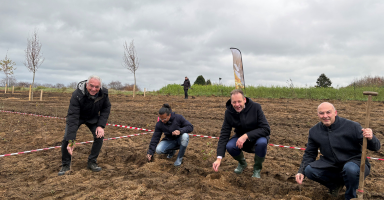Vier mannen zitten gehurkt op een veld om boompjes te planten.
