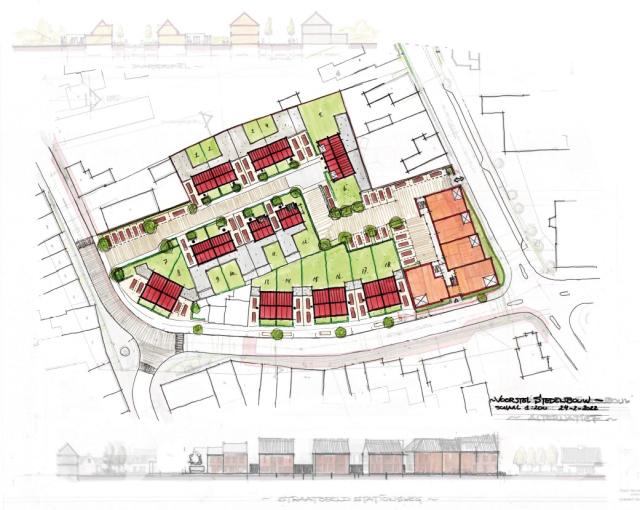 De stedenbouwkundige schets voor het Centrumplan Herkenbosch. We zien de ingetekende huizen van bovenaf. 