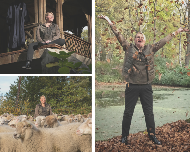 Een collagefoto van trouwambtenaar Eugenie Cuijpers: zittend, staand tussen schaapjes en bladeren de lucht in gooiend. 