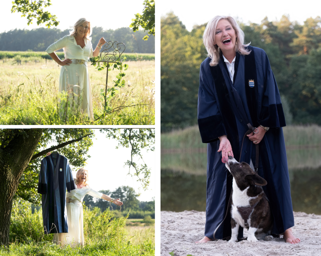 Een fotocollage van babs Ingrid van den Hombergh met haar toga en hondje in de natuur.