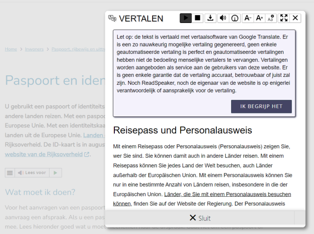 Der ausgewählte Text erscheint in der übersetzten Sprache. Sie können auf die Schaltfläche „Ik begrijp het“ (Ik begrijp het) klicken, um das violette Fenster zu schließen.