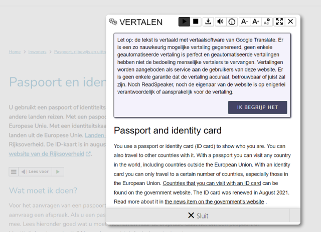 The selected text appears in the translated language. You can press the button 'Ik begrijp het' to close the purple window. 
