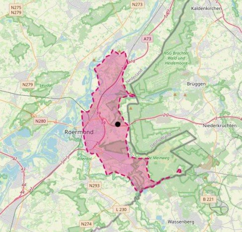 Het gebied met risico voor stroomuitval in onze regio. In Roerdalen geldt het risico voor Vlodrop ten noorden van de Roer, heel Herkenbosch en het buitengebied van Melick. 