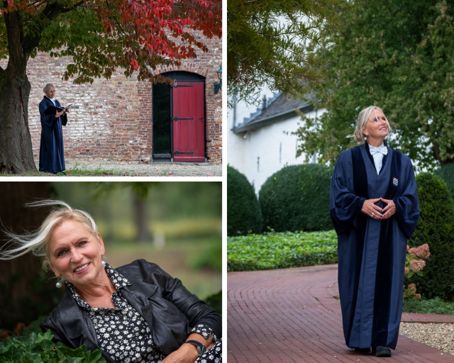 Een fotocollage van Romy Poeth. Romy onder een boom, Romy in toga die naar boven kijkt en een portretfoto. 