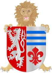 Gemeentewapen: Staande leeuw in spreidstand die een schild vasthoudt. De linkerkant van het schild is rood met daarop een zilveren leeuw. De rechterkant van het schild is zilver met bovenin drie blauwe strepen en daaronder een rode lelie.
