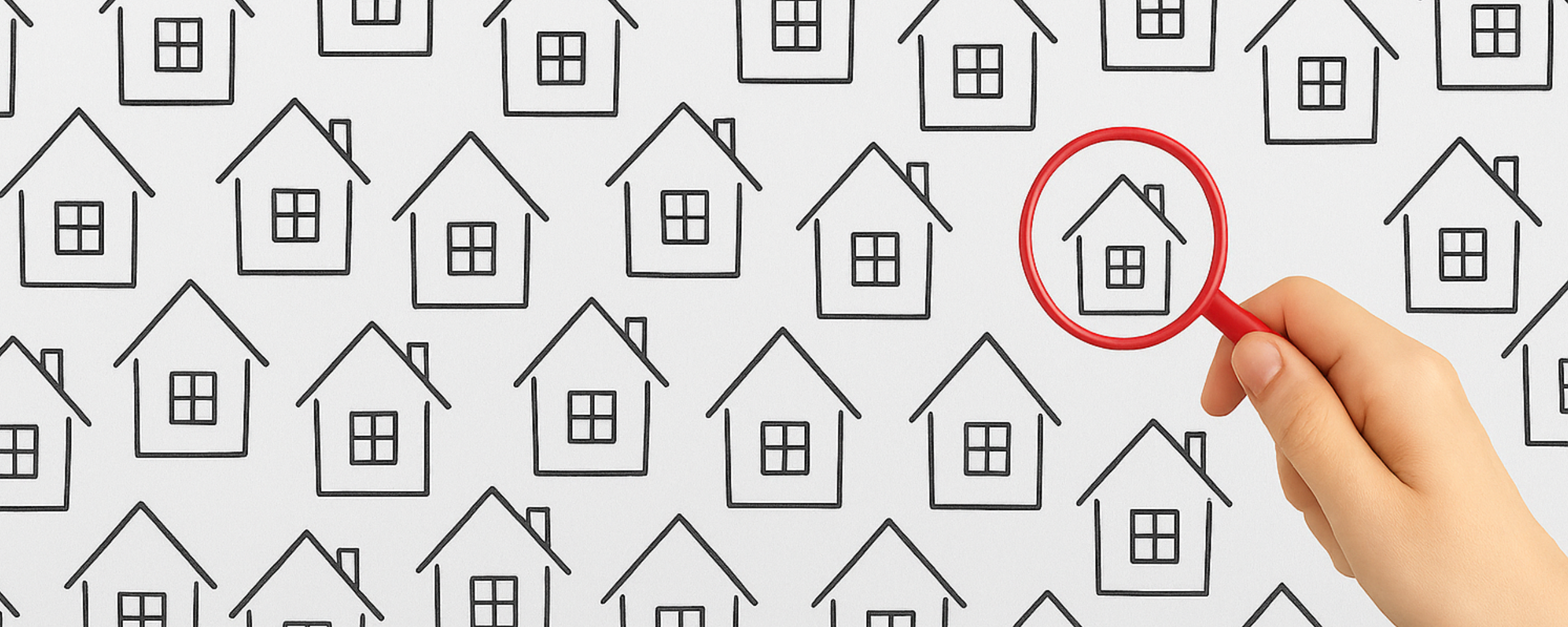 Een hand met een rood vergrootglas. Er is een patroon van huisjes te zien.