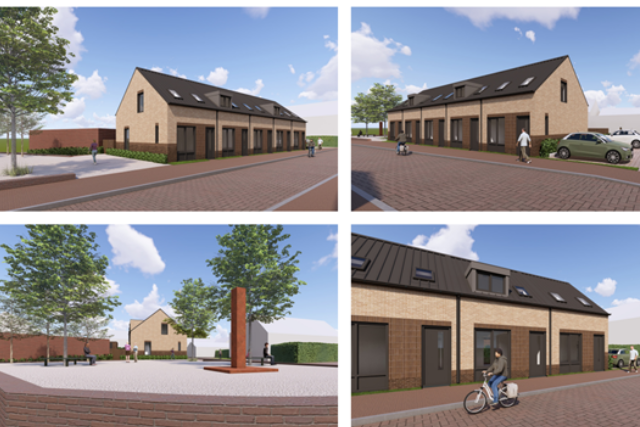 Vier artistieke weergaves van het project Juliana op de plaats van de Harmoniezaal in de Pastoor Siebenstraat in Sint Odiliënberg.