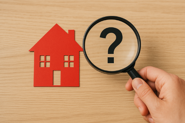 Op een tafel ligt een uitgeknipt rood huisje. Een hand houdt een vergrootglas vast met daarin een vraagteken.