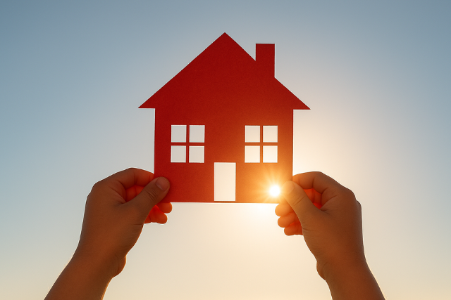 2 handen houden een uitgeknipt huisje omhoog in het zonlicht.