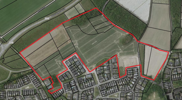 Het plangebied voor de nieuwe woningen in Wienkeskoel III.