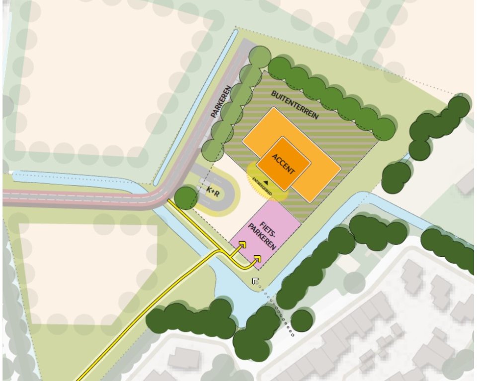 Concept van het inpassingplan van school en kinderopvang in het vastgestelde gebied. 