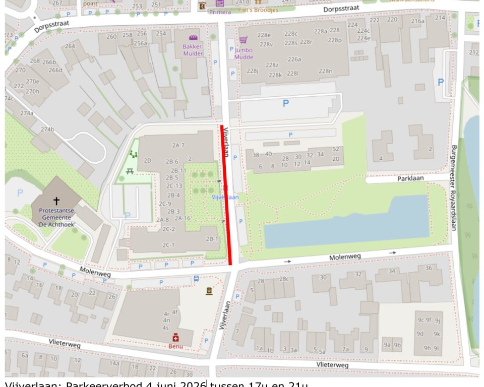 Kaartje met de locatie van het parkeerverbod aan de Vijverlaan.