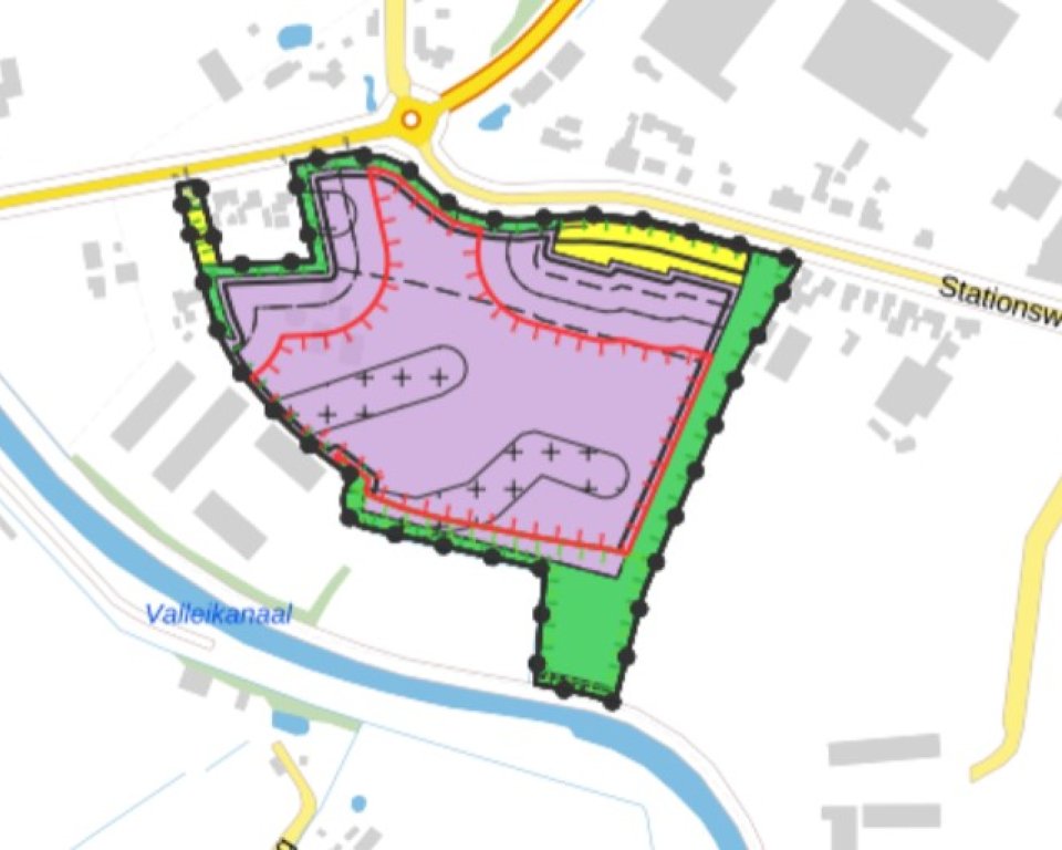 Overzicht van het toekomstige bedrijventerrein aan de Stationsweg. 