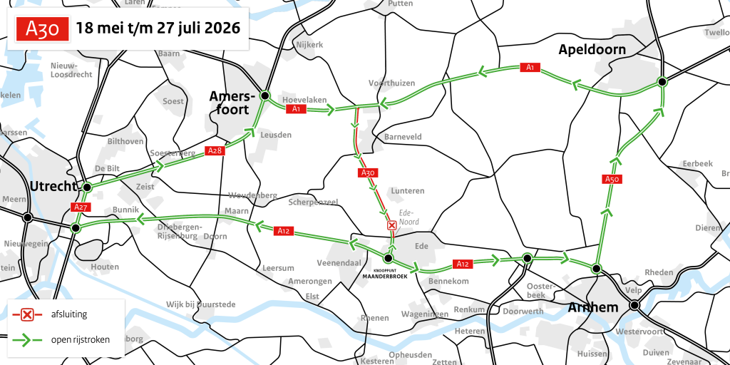 routekaart met omleidingen tijdens de afsluiting van de A30