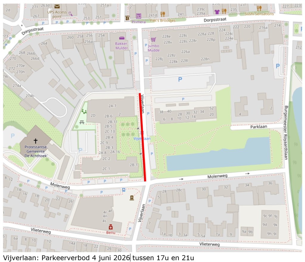 Kaartje met de locatie van het parkeerverbod aan de Vijverlaan.