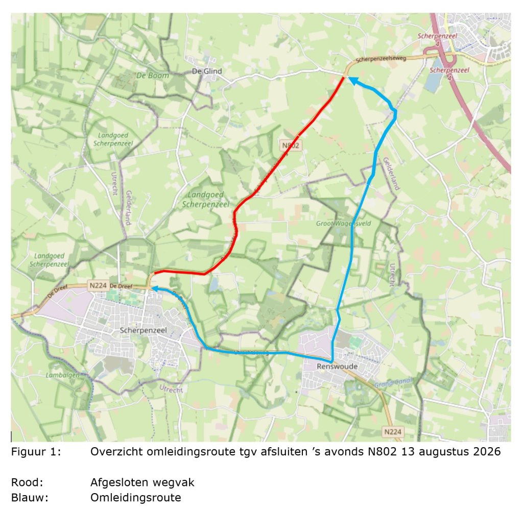 Kaart met het gedeelte wat afgesloten wordt en de omleidingsroute tijdens de werkzaamheden op donderdag 13 augustus