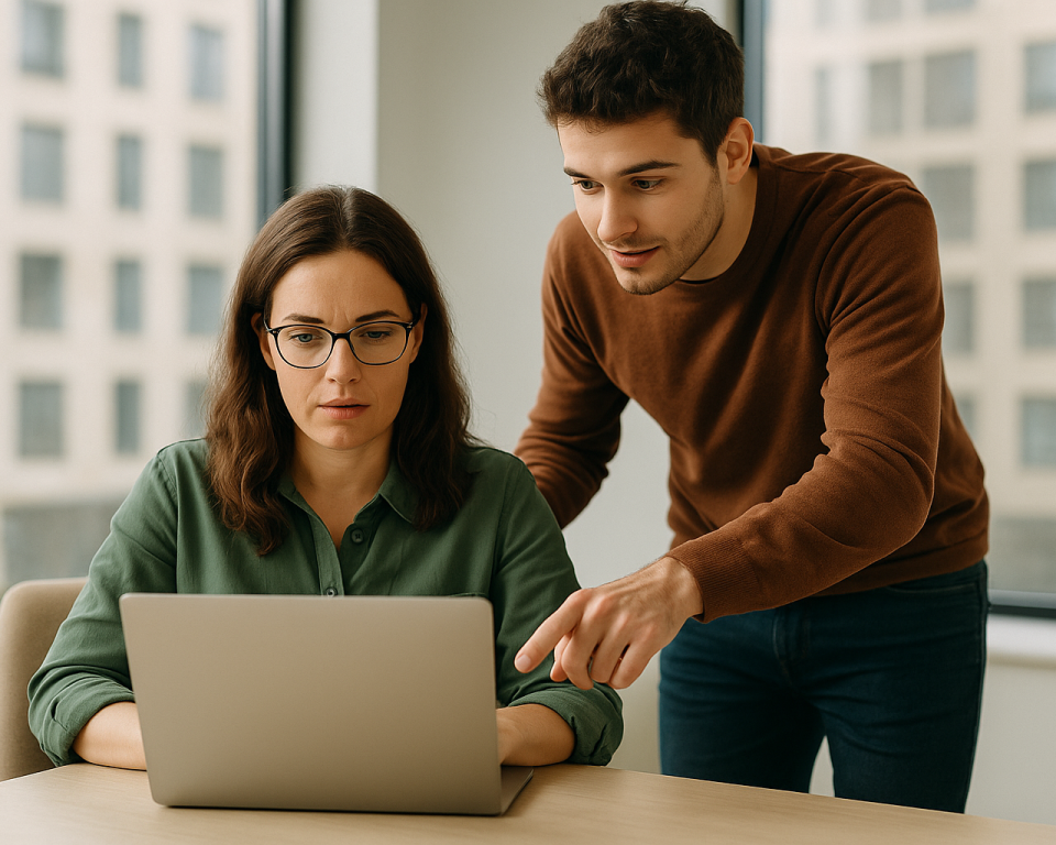 Woman and man sitting behind a laptop