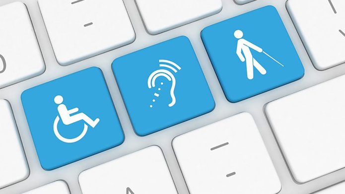 toetsenbord met 3 blauwe knoppen met een icoon van een rolstoel, een gehoorapparaat en een poppetje dat loopt met een blindegeleidestok. 