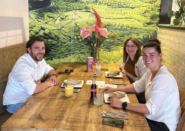Nick, Gaby and Joyce are having lunch