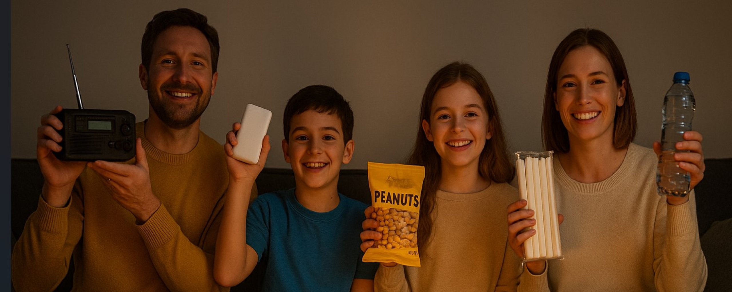 gezin op de bank met noodpakket